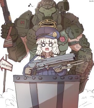1boy 1girl absurdres aoba_(blue_archive) assault_visor blonde_hair blue_archive blue_hat brown_gloves crossover doodle_sensei_(blue_archive) doom_(2016) doom_(series) doomguy double-barreled_shotgun fluffy_hair gloves gun hair_ornament hairclip halo hat highres holding holding_gun holding_weapon kai_xin long_sleeves low_twintails minecart newsboy_cap orange_halo praetor_suit sensei_(blue_archive) shotgun shoulder_cannon sign space_marine twintails weapon