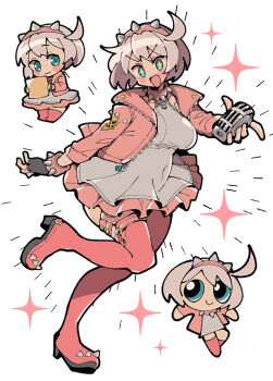 Rule 34 | + +, 1girl, black gloves, blue eyes, boots, breasts, choppy bangs, dress, elphelt valentine, fingerless gloves, frilled dress, frills, full body, gloves, grey dress, grey hair, guilty gear, guilty gear strive, hairband, highres, holding, holding microphone, itsuka neru, jacket, large breasts, long sleeves, looking at viewer, microphone, multiple views, open clothes, open jacket, open mouth, pink boots, pink hairband, pink jacket, powerpuff girls, powerpuff girls (style), short hair, simple background, smile, sparkle, spiked hairband, spikes, thigh boots, white background