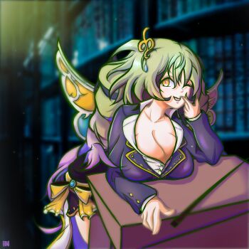 1girl absurdres breasts cleavage fairy_godmother_(gakuen)_(grimms_notes) fairy_godmother_(grimms_notes) grimms_notes highres large_breasts long_hair looking_at_viewer one_eye_closed smaker81 smile solo wings