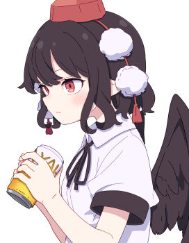 Rule 34 | 1girl, absurdres, black hair, black ribbon, black wings, blush, can, closed mouth, collared shirt, commentary request, feathered wings, from side, hat, highres, holding, holding can, kame (kamepan44231), neck ribbon, pointy ears, pom pom (clothes), red eyes, red hat, ribbon, shameimaru aya, shirt, short hair, short sleeves, solo, tokin hat, touhou, upper body, white shirt, wings