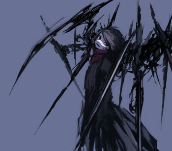 129adam 1girl black_dress brown_hair dress machine mecha_musume mechanical_wings original purple_background purple_scarf scarf science_fiction solo wings