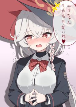 +++ 1girl artexyan averting_eyes black_jacket black_skirt blue_archive blush bow bowtie braid breasts collared_shirt commentary_request cowboy_shot crossed_bangs diagonal-striped_bow diagonal-striped_bowtie diagonal-striped_clothes dress_shirt earrings embarrassed eri_(blue_archive) flying_sweatdrops grey_hair hair_between_eyes halo heart jacket jewelry large_breasts long_hair long_sleeves looking_to_the_side low_ponytail multiple_rings nose_blush open_clothes open_jacket open_mouth orange_eyes own_hands_together pink_background pleated_skirt ponytail red_bow red_bowtie ring school_uniform shirt simple_background single_braid single_earring skirt solo speech_bubble steepled_fingers striped_bow striped_bowtie striped_clothes translated very_long_hair watermark wavy_mouth white_shirt yellow_halo