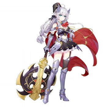 1girl ahoge armor armored_dress axe benghuai_xueyuan black_skirt blue_eyes boots breasts closed_mouth dress full_body hair_ornament high_heel_boots high_heels holding holding_axe honkai_(series) kallen_kaslana long_hair navel official_art single_thighhigh skirt smile solo thighhighs transparent_background white_hair