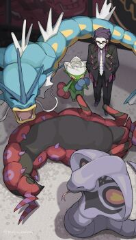 1boy absurdres arbok black-framed_eyewear black_hair black_jacket black_pants blue_flower blue_rose bug centipede closed_eyes closed_mouth cobra_(animal) collared_shirt colored_skin corbeau_(pokemon) eyewear_strap flower forked_tongue gen_1_pokemon gen_4_pokemon gen_5_pokemon glasses green_skin gyarados hand_fan hands_in_pockets highres horns jacket long_sleeves lying mega_stone minao_omina necktie nintendo on_back open_clothes open_jacket open_mouth pants parted_hair pokemon pokemon_(creature) pokemon_legends:_z-a purple_hair purple_shirt red_eyes red_flower red_rose rose roserade round_eyewear scolipede shirt short_hair short_sideburns smile snake tongue tongue_out undercut white_necktie yellow_eyes