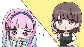 2girls :o ahoge black_dress blue_hair blue_hairband blush_stickers braid brown_eyes brown_hair cellphone chibi drawstring dress flying_sweatdrops grey_hoodie hairband highres holding holding_pen holding_phone hololive hood hood_down hoodie long_sleeves low_twintails minato_aqua mochimiko multicolored_hair multiple_girls parted_lips pen phone pink_hair puffy_long_sleeves puffy_sleeves purple_eyes shirt short_sleeves sleeveless sleeveless_dress sleeves_past_wrists streaked_hair twin_braids twintails two-tone_hair virtual_youtuber white_shirt