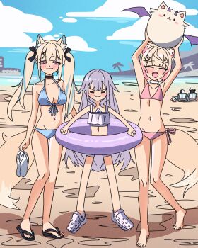 :3 =_= absurdres animal_ears armpits arms_up barefoot beach beach_chair bikini blue_bikini blue_sky blush breasts chest_jewel choker closed_eyes cloud commentary crocs day dog_ears dog_girl dog_tail facing_viewer fangs flat_chest flip-flops full_body fuwawa_abyssgard hair_ornament hair_ribbon hairclip highres hololive hololive_english innertube klefpto koseki_bijou large_breasts long_hair looking_at_viewer mococo_abyssgard multicolored_hair multiple_girls nerissa_ravencroft ocean outdoors palm_tree parallel_hairclips perroccino_(fuwamoco) pink_bikini pink_eyes purple_bikini purple_hair ribbon sand sandals shiori_novella short_hair side-tie_bikini_bottom sidelocks skin_fangs sky smile standing streaked_hair swim_ring swimsuit tail tree twintails virtual_youtuber x_hair_ornament