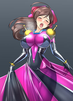 1girl bodysuit breasts brown_hair cosplay dg_cells g_gundam grey_background gundam hair_ornament hair_ribbon hairclip highres kantai_collection large_breasts long_hair mamiya_(kancolle) materializing mecha_pilot_suit mobile_trace_suit open_mouth pink_bodysuit rain_mikamura rain_mikamura_(cosplay) ribbon simple_background skin_tight solo wata_nuki wince