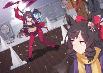 absurdres animal_ears breasts brown_coat brown_hair cleavage closed_eyes coat commentary_request daiichi_ruby_(umamusume) daitaku_helios_(umamusume) ear_covers electric_fan hair_ornament highres horse_ears horse_girl horse_tail long_hair long_sleeves motsunabe_(mo2nap3) multicolored_hair navel open_mouth purple_eyes scarf school_gateway smile stomach streaked_hair tail traffic_cone umamusume white_breath_(t.m.revolution) yellow_scarf