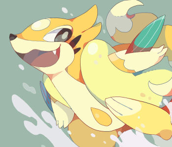 :3 akadako animal_focus aqua_background black_eyes fang floatzel gen_4_pokemon happy highres looking_back nintendo no_humans one-hour_drawing_challenge open_mouth pokemon pokemon_(creature) simple_background smile solo splashing water