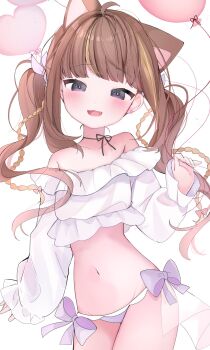 Rule 34 | 1girl, :3, ahoge, animal ears, balloon, black ribbon, blush, bow, brown hair, cat ears, choker, crop top, earrings, fang, frilled panties, frilled shirt, frills, hair ribbon, heart, heart balloon, heart earrings, highres, jewelry, long hair, long sleeves, looking at viewer, midriff, multicolored hair, navel, nocchi (r ws2l), off-shoulder shirt, off shoulder, open mouth, original, panties, purple bow, purple eyes, purple panties, purple ribbon, ribbon, ribbon choker, shirt, simple background, smile, solo, star (symbol), star in eye, streaked hair, symbol in eye, twintails, underwear, white background, white shirt