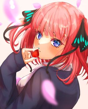 absurdres black_jacket blazer blue_eyes blunt_bangs blush butterfly_hair_ornament commentary_request falling_petals food from_behind fruit go-toubun_no_hanayome hair_ornament highres holding holding_food holding_fruit jacket looking_at_viewer looking_back medium_hair nakano_nino noelia petals red_hair school_uniform strawberry upper_body