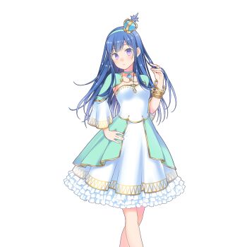 1girl aqua_choker aqua_dress aqua_hairband blue_hair bracelet choker crown dress frilled_dress frills hairband jewelry long_hair mini_crown multicolored_dress necklace purple_eyes riona_(uchihime) uchi_no_hime-sama_ga_ichiban_kawaii white_dress