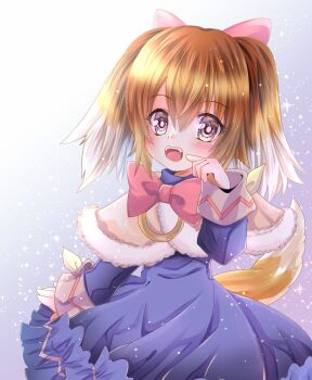 1girl animal_ears blue_dress bow_alma brown_eyes brown_hair capelet dog_ears dog_girl dog_tail dress emil_chronicle_online fangs fur_capelet grey_background hair_ribbon highres pink_ribbon ribbon solo tail white_capelet yukiomi_kizuki