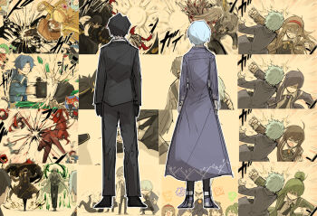 1boy 1girl angela_(project_moon) black_gloves black_hair black_pants black_suit blue_coat blue_hair coat commentary_request facing_away flashback formal_clothes from_behind gloves kankan33333 library_of_ruina long_coat pants photo_inset project_moon roland_(project_moon) shirt short_hair suit white_shirt