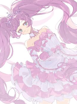 1girl bare_shoulders bow character_name collar commentary_request detached_collar detached_sleeves dress dress_bow green_eyes highres idol idol_clothes legs_apart light_blush long_hair looking_at_viewer manaka_laala medium_dress pink_bow pink_dress pink_sleeves poteto_(mochimochinc) pretty_series pripara purple_hair sleeveless sleeveless_dress smile solo standing straight_hair strapless strapless_dress textless_version tiara two-tone_dress two-tone_sleeves very_long_hair white_collar white_dress white_sleeves