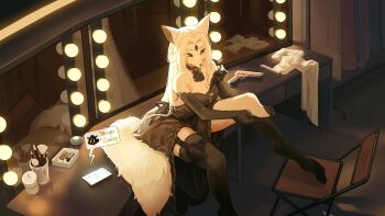 1girl animal_ears animal_nose ascot assassin backless_dress backless_outfit black_ascot black_choker black_dress black_gloves black_ribbon black_thighhighs braid breasts cellphone chair chibi chibi_inset choker cleavage cleavage_cutout clothing_cutout commentary dress dress_ribbon dressing dressing_room elbow_gloves english_commentary english_text feet_on_chair folding_chair fox_ears fox_tail frilled_dress frills from_above full_body furry furry_female gloves gun half-closed_eyes half_up_braid handgun highres holster leaning_forward leg_up long_eyelashes long_hair long_sidelocks makeup_brush medium_breasts mirror original parted_bangs parted_hair phone putting_on_legwear ribbon scouter short_dress sidelocks sitting sitting_on_table smartphone solo speech_bubble straight_hair strapless strapless_dress suppressor tail text_messaging thick_eyelashes thigh_holster thighhighs very_long_hair weapon white_fur white_hair white_tail y_chen_qiqi