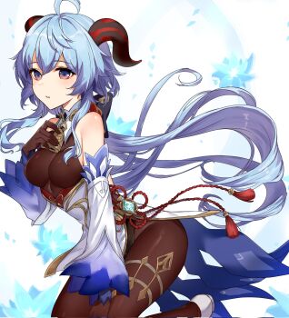 1girl ahoge bare_shoulders bell black_gloves black_leotard black_pantyhose blue_hair blush bodystocking bodysuit bow breasts detached_sleeves ganyu_(genshin_impact) genshin_impact gloves gold_trim highres jewelry leotard leotard_under_clothes long_hair looking_at_viewer low_ponytail medium_breasts neck_bell pantyhose ponytail purple_eyes red_rope rope sidelocks solo tassel thighlet thighs vision_(genshin_impact) waist_cape whgen_sidep white_sleeves