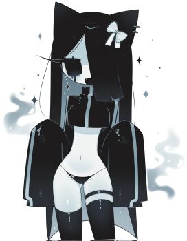 Rule 34 | 1018sus, 1girl, :d, animal ear piercing, animal ears, black eyes, black hair, black jacket, black mouth, black panties, black thighhighs, blunt bangs, blunt ends, bow, breasts, cat ears, cat girl, colored inner hair, colored skin, corrupted twitter file, cowboy shot, crop top, cropped jacket, deformed, fang, floating head, gluteal fold, grey hair, hair bow, hair over one eye, hands up, highres, jacket, jitome, liquid from eyes, long hair, long sleeves, looking at viewer, multicolored hair, navel, no eyebrows, no nose, no pupils, one eye covered, open mouth, original, panties, puffy long sleeves, puffy sleeves, simple background, single vertical stripe, skindentation, sleeves past fingers, sleeves past wrists, small breasts, smile, smoke, solo, sparkle, standing, stomach, straight hair, thigh strap, thighhighs, track jacket, turtleneck, turtleneck jacket, two-tone hair, underwear, very big eyes, white background, white bow, white skin, wide hips