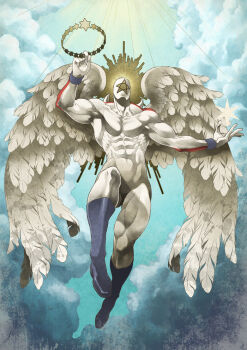 Rule 34 | 1boy, angel wings, blue sky, cloud, cloudy sky, epic, faceless, flying, full body, halo, kinnikuman, large pectorals, muscular, pectorals, pentagon (character), simple background, sky, wings, wrestling