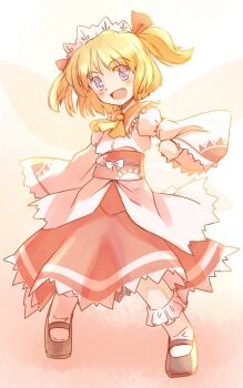 Rule 34 | 1girl, :d, ascot, black shoes, blonde hair, blue eyes, blush, commentary request, fairy, fairy wings, fang, frilled shirt collar, frills, full body, hair ribbon, headdress, juliet sleeves, long sleeves, mary janes, one-hour drawing challenge, open mouth, orange background, puffy sleeves, rangycrow, red ribbon, red sash, red skirt, ribbon, sash, shirt, shoes, short hair, skirt, smile, socks, solo, sun print, sunny milk, touhou, twintails, white shirt, white socks, wings, yellow ascot