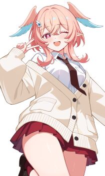 1girl absurdres aqua_wings blush breasts brown_necktie brown_shoes cardigan collared_shirt commentary_request fingernails genshin_impact hair_ornament hair_wings hairclip heart heart_in_eye highres hobio large_breasts linnea_(genshin_impact) loafers long_hair long_sleeves looking_at_viewer necktie one_eye_closed open_mouth pink_eyes pink_hair pink_necktie pink_socks pink_wings pleated_skirt pointy_ears red_skirt school_uniform shirt shoes simple_background skirt smile socks solo symbol_in_eye teeth thighs upper_teeth_only v white_background white_shirt wings yellow_cardigan