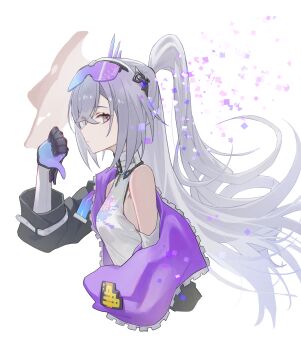1girl breasts closed_mouth commentary_request cropped_torso elmo_(st_elmomomo) from_side goggles goggles_on_head gradient-tinted_eyewear grey_eyes grey_hair highres honkai:_star_rail honkai_(series) jacket long_hair long_sleeves sideways_glance silver_wolf_(elation)_(honkai:_star_rail) silver_wolf_(honkai:_star_rail) simple_background small_breasts solo thumbs_down tinted_eyewear very_long_hair white_background