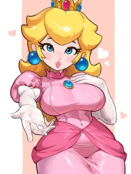 1girl absurdres blonde_hair blue_eyes border breasts brooch commentary covered_navel cowboy_shot crown dress earrings elbow_gloves gloves hand_on_own_chest heart highres jewelry large_breasts lips long_hair looking_at_viewer mario_(series) mineru128127 mini_crown nintendo outside_border outstretched_arm parted_lips pillarboxed pink_background pink_dress princess princess_peach puffy_short_sleeves puffy_sleeves short_sleeves solo sphere_earrings tight_clothes tight_dress white_border white_gloves