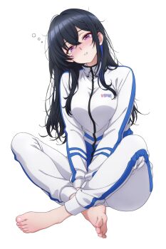 absurdres barefoot black_hair breasts breasts_squeezed_together commentary_request feet highres ichinose_uruha large_breasts long_hair looking_at_viewer p-nekoe purple_eyes simple_background sleepy track_suit virtual_youtuber vspo! white_background