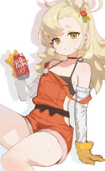 1girl adelie_cat alternate_costume blonde_hair breasts choker cleavage collarbone detached_sleeves dr_pepper gloves green_eyes hair_ornament highres long_hair looking_at_viewer overalls parted_bangs piper_wheel red_choker red_overalls sitting small_breasts solo sweat thighs white_sleeves yellow_gloves zenless_zone_zero