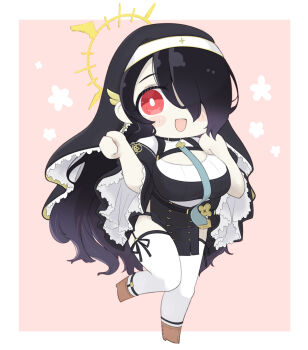 1girl black_dress black_hair blue_archive blush_stickers boots breasts brown_boots chibi colored_skin commentary_request dress full_body hair_over_one_eye halo hands_up high_heel_boots high_heels highres hinata_(blue_archive) large_breasts legs long_hair long_sleeves looking_at_viewer miranofuudoria nun open_mouth red_eyes simple_background smile solo standing standing_on_one_leg thighhighs thighhighs_under_boots veil very_long_hair wavy_hair white_skin white_thighhighs wide_sleeves