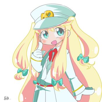 Rule 34 | 1boy, androgynous, belt, blonde hair, blue eyes, blush, bow, chibi, crossdressing, crossdressing (mtf), formal clothes, gloves, hair bow, hair ornament, hat, long hair, looking at viewer, male focus, nanbaka, open mouth, short twintails, sidelocks, simple background, smile, solo, sugoroku hitoshi, suit, swept bangs, trap, twintails, white background