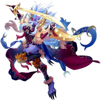 1girl :d anonymous_(yu-gi-oh!) arm_blade asymmetrical_gloves breasts claws colored_skin duel_monster fur_trim game_cg gloves highres holding holding_sword holding_weapon looking_at_viewer lunalight_liger_dancer medium_breasts monster_girl multicolored_hair non-web_source official_art open_mouth purple_hair purple_skin red_eyes red_gloves slit_pupils smile solo stitched sword tassel teeth thighhighs third-party_edit transparent_background tsurime upper_teeth_only waist_cape weapon white_hair yu-gi-oh! yu-gi-oh!_master_duel