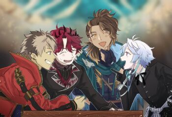 4boys :d ;d antenna_hair arm_on_table black_bow black_bowtie black_gloves black_jacket blue_hair blush bow bowtie braid brown_hair closed_eyes coat collared_jacket collared_shirt commentary crimzon_ruze crimzon_ruze_(1st_costume) crown ear_piercing elbow_on_table frilled_sleeves frills from_side gloves goldbullet goldbullet_(1st_costume) green_scarf grin hair_ornament hairclip hand_on_own_chin hand_on_table holoarmis holostars holostars_english jacket jurard_t_rexford ku_(5han9e) long_hair male_focus multicolored_hair multiple_boys octavio octavio_(1st_costume) one_eye_closed open_mouth partially_fingerless_gloves piercing pointing pointy_ears ponytail red_coat red_hair scarf sharp_teeth shirt short_hair smile table teeth two-tone_hair upper_body virtual_youtuber white_shirt