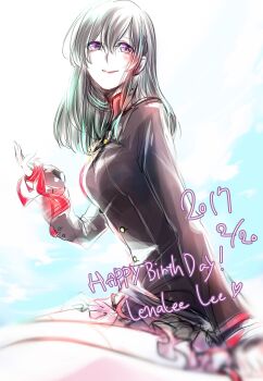 1girl anklet badge belt birthday black_belt black_gloves black_hair black_jacket black_order_uniform blue_background blush buttons chain character_name commentary_request d.gray-man english_text fingerless_gloves gloves gold_chain gradient_background green_hair hair_between_eyes hair_over_shoulder happy_birthday highres holding holding_ribbon jacket jewelry kozuuu legs lenalee_lee long_sleeves looking_at_viewer medium_hair military military_uniform miniskirt multicolored_hair pink_skirt pink_thighhighs pleated_skirt purple_eyes red_lips red_ribbon ribbon sidelocks single_glove sitting skirt smile solo streaked_hair striped_clothes striped_jacket thighhighs thighs turtleneck turtleneck_jacket two-tone_background vertical-striped_clothes vertical-striped_jacket wariza white_background zettai_ryouiki