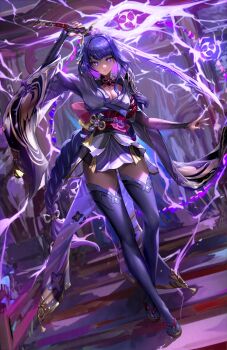 Rule 34 | 1girl, braid, breasts, bridal gauntlets, cleavage, commentary, dutch angle, electricity, english commentary, flower, genshin impact, highres, imdrunkontea, japanese clothes, kimono, long hair, looking at viewer, low-braided long hair, low-tied long hair, medium breasts, mole, mole under eye, musou isshin (genshin impact), obi, obiage, obijime, purple eyes, purple flower, purple hair, purple kimono, purple nails, purple thighhighs, raiden shogun, revision, sash, solo, thighhighs, very long hair