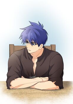 1boy alternate_costume aonagimay black_shirt blue_eyes blue_hair closed_mouth crossed_arms fire_emblem fire_emblem:_radiant_dawn highres ike_(fire_emblem) looking_to_the_side male_focus nintendo shirt short_hair solo