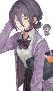 1girl absurdres black_choker bow bowtie breasts cardigan chainsaw_man character_charm charm_(object) chibi chibi_inset choker glasses hair_between_eyes hair_bun highres looking_at_viewer medium_hair open_mouth partially_unbuttoned pleated_skirt pochita_(chainsaw_man) purple_bow purple_bowtie purple_cardigan purple_hair purple_skirt reze_(chainsaw_man) round_eyewear school_uniform shirt shuilantao skirt small_breasts solo white_shirt