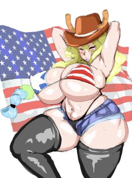 1girl american_flag american_flag_bikini american_flag_print armpits arms_up bikini black_panties black_thighhighs blonde_hair boots bra breasts cleavage closed_eyes covered_erect_nipples curvy denim denim_shorts female_focus female_pubic_hair flag_print flag_print_bikini hat highleg highleg_panties highres horns horns_through_headwear huge_breasts jeans jeans_shorts kobayashi-san_chi_no_maidragon lips lipstick long_hair lucoa_(maidragon) makeup mature_female micro_shorts panties pants print_bikini pubic_hair shine shiny_clothes shiny_skin shorts skindentation solo sweat sweatdrop swimsuit swimsuit_under_clothes thick_lips thick_thighs thigh_boots thigh_gap thigh_strap thighhighs thighs thong thong_bikini tight_clothes ultivlad underboob underwear unzipped_pants very_long_hair wide_hips wide_shot