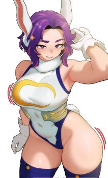 1girl animal_ears armpits bare_shoulders boku_no_hero_academia breasts clothing_cutout commentary corrupted_twitter_file cosplay covered_navel crescent_print english_commentary evoltodraw fur_collar gloves hand_up heart highleg highleg_leotard highres lady_nagant large_breasts leotard looking_at_viewer mirko mirko_(cosplay) multicolored_hair multiple_views parted_bangs parted_lips pink_hair pink_streaks purple_eyes purple_hair purple_thighhighs rabbit_ears rabbit_tail short_hair simple_background smile solo streaked_hair tail tail_through_clothes taut_leotard thick_thighs thighhighs thighs two-tone_hair white_background white_gloves white_leotard