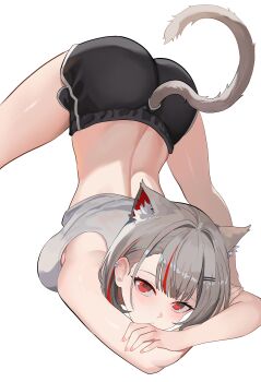 1girl absurdres alternate_costume animal_ears breasts cat_ears cat_girl cat_tail crop_top dolphin_shorts earrings grey_hair hair_ornament hairpin highres jack-o&#039;_challenge jewelry medium_breasts multicolored_hair multiple_earrings nbee_ya neneko_mashiro red_eyes red_hair short_hair shorts solo stellive streaked_hair tail virtual_youtuber