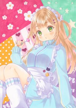 1girl abstract_background absurdres apron arm_support blonde_hair blue_jacket blue_skirt candy commentary_request double-parted_bangs food frilled_apron frills green_eyes hair_ornament hairclip hand_up heart heart_hair_ornament highres holding holding_candy holding_food holding_lollipop jacket jersey_maid kneehighs knees_up lollipop long_hair long_sleeves looking_at_viewer maid maid_headdress marker_(medium) nail_polish one_side_up original osumi_izumi parallel_hairclips parted_lips petticoat sitting skirt socks solo traditional_media turtleneck turtleneck_jacket unconventional_maid waist_apron white_apron white_socks wing_hair_ornament