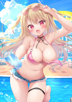 1girl adjusting_eyewear areola_slip bare_shoulders bikini bikini_bottom_under_shorts bikini_under_clothes black_ribbon blonde_hair blue_sky blush breasts can choker cleavage cloud collarbone denim denim_shorts drink_can eyewear_on_head holding holding_can imminent_wardrobe_malfunction large_breasts long_hair looking_at_viewer navel open_mouth original outdoors picpicgram pink_bikini pink_hair pool ribbon shorts sky smile soda_can solo stomach sunglasses swimsuit wardrobe_malfunction water water_slide wet
