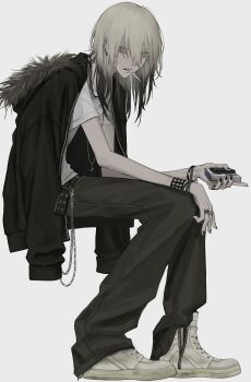 1girl absurdres black_jacket black_pants bracelet cigarette cigarette_pack from_side full_body fur-trimmed_jacket fur_trim gradient_hair grey_eyes hair_between_eyes hand_on_own_knee highres holding holding_cigarette holding_cigarette_pack hood hooded_jacket invisible_chair jacket jacket_on_shoulders jewelry kiilil9 long_hair looking_at_viewer mole mole_under_eye multicolored_hair multiple_rings necklace original pants parted_lips ring shirt shoes short_sleeves simple_background sitting smoking solo white_background white_hair white_shirt white_shoes