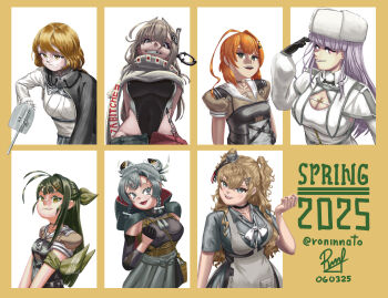 absurdres adapted_turret ahoge american_flag american_flag_print american_flag_skirt antenna_hair black_gloves blonde_hair blue_cloak blue_hair blue_haori capelet chipped_tooth choker cleavage_cutout cloak clothing_cutout commentary dress english_commentary english_text evil_smile flag_print folded_hair fur_hat gloves green_hair grey_choker grey_hood grey_overskirt grey_sailor_collar haori hat headgear highres hooded_shirt huge_ahoge japanese_clothes japanese_flag kantai_collection kaya_(kancolle) kill_markings kirov_(kancolle) minneapolis_(kancolle) ootomari_(kancolle) orange_hair papakha pink_hair print_skirt profanity ron_(pixiv83091338) sailor_collar sailor_shirt shimane_maru_(kancolle) shirt signature skirt smile sugi_(kancolle) super_highleg two-tone_one-piece_swimsuit wahoo_(kancolle) wavy_hair white_capelet white_dress white_hat