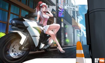 1girl absurdres apron artist_logo artist_name black_ribbon blue_eyes blue_sky blurry blurry_background borrowed_character braid breasts cleavage cloud cloudy_sky collarbone commentary commission day dress english_commentary final_fantasy final_fantasy_xiv gradient_hair grey_nails grey_shoes hair_ribbon hand_in_own_hair hand_up haw_(whole_lotta_haw) high_heels highres kobi420 logo looking_to_the_side medium_breasts motor_vehicle motorcycle multicolored_hair multiple_braids on_motorcycle original outdoors parted_lips pink_dress pink_lips plant ponytail red_hair ribbon road shoes short_sleeves sidelocks sitting skirt sky solo street traffic_cone warrior_of_light_(ff14) white_apron white_hair white_headdress white_skirt