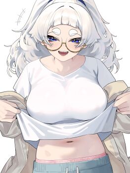 1girl arched_bangs blue_eyes blush bow bow_panties breasts brown_cardigan cardigan cardigan_partially_removed clothes_lift commentary cowboy_shot glasses grey_hair grey_pants highres huge_breasts lifting_own_clothes long_hair meg_(wakamepiza) midriff navel off_shoulder open_mouth original panties pants panty_peek pink_panties round_eyewear semi-rimless_eyewear sharp_teeth shirt shirt_lift simple_background smile solo symbol-only_commentary teeth thick_eyebrows tsurime underwear wakamepiza white_background white_shirt yellow-framed_eyewear