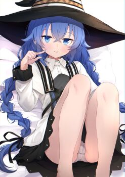 1girl absurdres black_bow blue_eyes blue_hair bow braid cameltoe closed_mouth finger_to_cheek hat highres long_hair looking_at_viewer mushoku_tensei nakatokung on_bed panties pantyshot roxy_migurdia smile solo twin_braids underwear white_background white_panties witch_hat