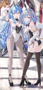 2girls absurdres amane_kanata animal_ears arm_up armband armpits ass bare_shoulders black_leotard black_shoes blue_hair blurry blurry_background bow bowtie breasts brown_thighhighs cleavage comiket_107 commentary_request covered_navel detached_collar detached_sleeves elf fake_tail feathered_wings fishnet_pantyhose fishnets flower full_body grey_pantyhose hair_flower hair_ornament high_heels highleg highleg_leotard highres hololive large_breasts leotard long_hair long_sleeves looking_at_viewer mini_wings multiple_girls off_shoulder official_artist_extra open_mouth pantyhose playboy_bunny pointy_ears purple_eyes rabbit_ears rabbit_tail rin_yuu shirt shoes side-tie_leotard skindentation small_breasts smile standing star_(symbol) star_hair_ornament tail thighhighs thighs twisted_torso very_long_hair virtual_youtuber white_hair white_leotard white_shirt wings yellow_eyes yukihana_lamy