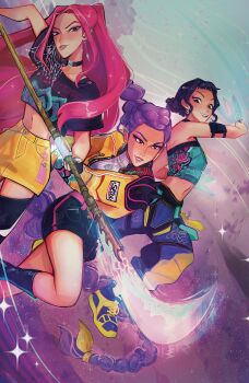 3girls absurdres arm_pouch black_boots black_hair black_shorts boots braid braided_ponytail choker commentary crop_top cropped_jacket double_bun earrings elizalento english_commentary eyeshadow fingerless_gloves gloves hair_bun highres holding holding_polearm holding_weapon incoming_attack jacket jewelry kpop_demon_hunters long_hair looking_ahead looking_at_viewer makeup mira_(kpop_demon_hunters) multiple_girls pants pink_hair polearm purple_hair rumi_(kpop_demon_hunters) shoes short_bangs shorts sidelocks skirt smile sneakers weapon yellow_jacket yellow_skirt zoey_(kpop_demon_hunters)