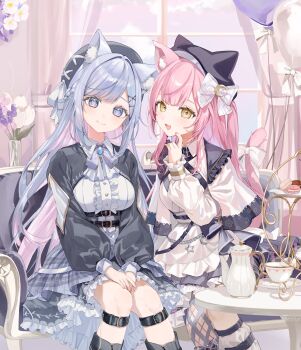 2girls animal_ears animal_hat apron artist_request belt belt_around_waist beret between_legs black_belt blue_gemstone blue_hair bow breasts cat_ears cat_hat character_request closed_mouth clothing_request couch crescent crescent_hair_ornament cup eyelashes flower frilled_apron frills gem hair_ornament hand_between_legs hand_up hat head_tilt highres indie_virtual_youtuber indoors knees leg_belt leg_warmers long_hair long_sleeves looking_at_viewer medium_breasts multicolored_hair multiple_girls munmosshu on_couch open_mouth parted_bangs pink_hair puffy_sleeves red_pupils second-party_source sitting smile star_(symbol) teacup teapot white_bow x_hair_ornament yellow_eyes